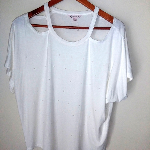 Nanette Lepore Tops - Nanette Lapore White And Pearls Cold Shoulder Blouse Size Large